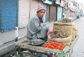 A roadside vendor sells dried vegetables during a bandh in Srinagar. Vegetables dried during the summer were commonly used during the winter when no fresh vegetables were earlier available.