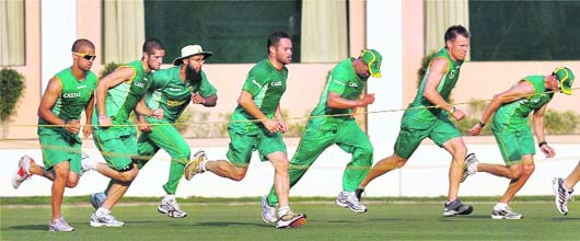 NET GAIN: South African cricketers during net practice at the VCA Stadium in Nagpur