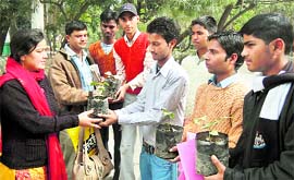 Activists of the Mission True Biologists distribute saplings among youngsters at the Gandhi Park in Dehradun on Sunday