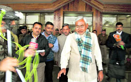 Bihar Chief Minister Nitish Kumar at Kangra airport on Sunday.
