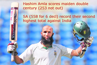 Hashim Amla celebrates after scoring a double century in Nagpur on Sunday.