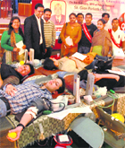 Students of DAV College donate blood on the campus.