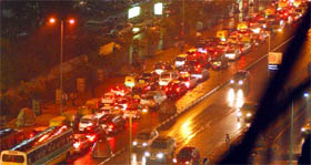 A view of  traffic jam at Barakhamba Road in New Delhi on Monday.
