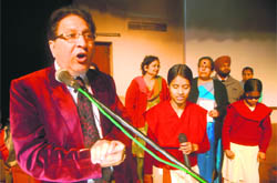 Children from the blind school on stage with Panjab University Vice-Chancellor Prof RC Sobti during the Children Science Congress in Chandigarh on Tuesday.
