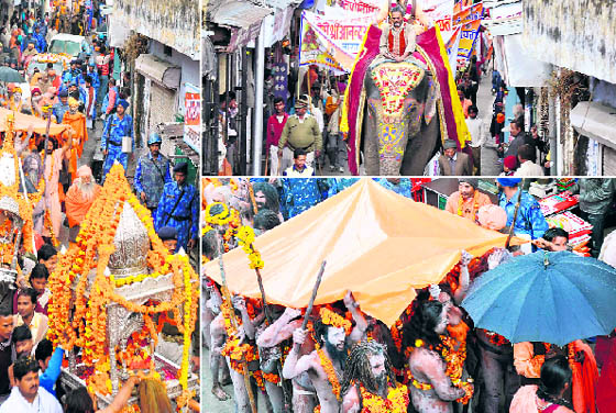 Clockwise from right: A decorated elephant moves as part of the Atal Akhadas Peshwayi through streets of Kankhal in Haridwar on Tuesday; Naga sadhus take shelter under a sheet to protect themselves from rain; and Anand Akhadas deity procession moves amid security.