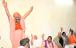 A meeting of the Akhada Parishad underway in Haridwar on Monday.