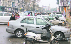 Traffic chaos outside Khalsa College for Women in Ludhiana. 