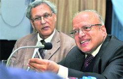Dr MS Swaminathan (right) and PAU Vice-Chancellor MS Kang address farmers in Ludhiana on Tuesday.