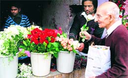 On Rose Day, an octogenarian picks up his choice in Jammu on Wednesday