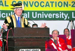 Chancellor and Punjab Governor Shivraj Patil addresses the PAU annual convocation in Ludhiana on Wednesday