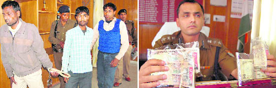 (Left) Three persons from Bihar who were nabbed with counterfeit currency in Dehradun on Thursday; and (right) the SSP shows the seizure.