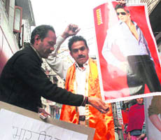 Activists of the Akhil Bharatiya Vidyarthi Sena protest against the film, My Name is Khan, in Jammu on Thursday.