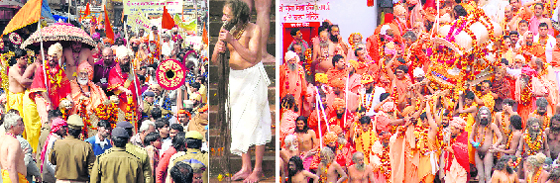 (From left) A procession of saints moves towards the Ganga for a dip; a sadhu dries his long hair; and saints take their deity for a dip during Maha Kumbhs first Shahi Snan in Haridwar on Friday. 