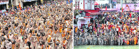 Naga sadhus and devotees on their way to the Ganga ghats; Niranjani Akhada sadhus offer prayers to the Ganga during Maha Kumbhs first Shahi Snan in Haridwar on Friday.