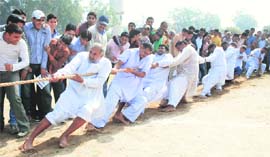 A tug-of-war in progress between Assandh and Indri teams during district-level Panchayati Raj Games in Karnal on Thursday. Assandh won the contest.