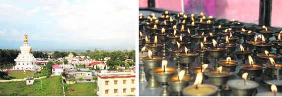 The Buddhist stupa at Clementown in Dehradun; and (right) lamps lit at the stupa to usher in Losar.