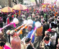 Inaugural procession taken out on the opening day of the seven-day long Shivratri Fair at Mandi on Saturday.