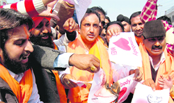 Workers of the youth wing of the Shiv Sena (Bal Thackeray) protest against Valentines Day in Amritsar on Saturday. 