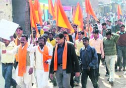 Activists of the Shiv Sena hold a rally to protest against Valentines Day at Mauli Jagran in Chandigarh on Sunday. 