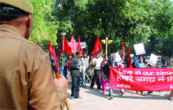 Activists of the All India Students Association take out a march in support of Valentines Day at  Delhi University on Sunday.