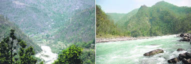 (Left) A panoramic view of the Maldevta area near Dehradun and (Right) the Ganga flows at Kaudiyala.