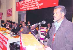 Samar Bhandar delivers an address at a meeting of the All-India Oriental Bank Officers Association Uttarakhand State Committee in Dehradun on Sunday. 