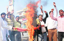 Shiv Sainiks hold a protest against Valentines Day at Committee Chowk in Karnal on Sunday.