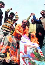 Shiv Sena activists protest against Valentines Day in Jammu on Sunday