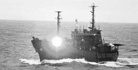 In this photo released by the Institute of Cetacean Research of Japan, anti-whaling group Sea Shepherd's ship the Bob Barker fires a photonic laser disruptor towards Japanese whaling ship the Nisshin Maru in the waters of Antarctica on Sunday.