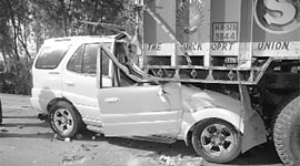 The SUV that rammed into a truck near Rajpura on Monday.
