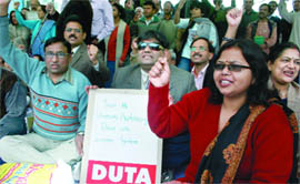 DUTA members demonstrate outside the vice-chancellors office against the implementation of the semester system in Delhi University