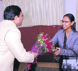Uttarakhand Chief Minister Ramesh Pokhriyal Nishank meets Union Minister of State for Rural Development Agatha Sangma in Dehradun on Monday. 