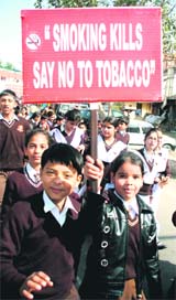School students take part in an awareness rally on the ill-effects of tobacco in Jammu.