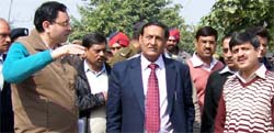 DRM Ambala YP Singh (centre) inspecting Bathinda railway station on Tuesday.