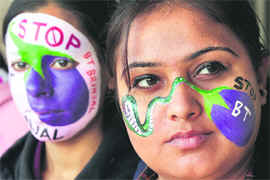 Students of the Environment Studies Department pose with painted faces during a protest against Bt Brinjal in Chandigarh.