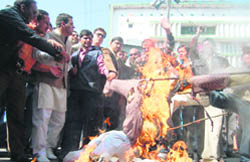 BJP workers burn an effigy of the Congress on the issue of hydro-electric projects in Dehradun