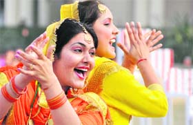 Girls perform during the closing ceremony of the annual athletics meet of the Khalsa College for Women in Ludhiana on Tuesday.