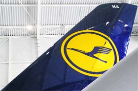 This file photo shows the logo of German flag carrier Lufthansa on an airbus A380 tailplane in Hamburg, northern Germany