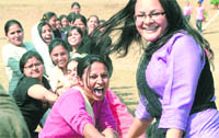 Girls participate in a sports meet at Home Science College in Chandigarh