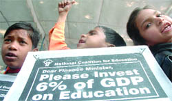 Rescued child labourers urge the government to allocate 6 per cent of the country's GDP for education at Jantar Mantar in New Delhi on Wednesday.
