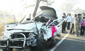 The mangled remains of the Bolero that was hit by a Haryana Roadways bus in Fatehabad on Wednesday.
