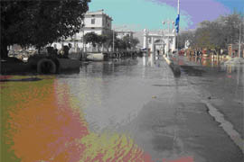 An inundated road outside Takht Damdama Sahib in Talwandi Sabo on Thursday.