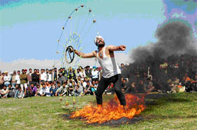 A gatka player demonstrating his skill during an annual sports meet of the Government Rajindra College in Bathinda on Thursday