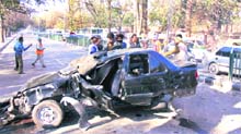 The car that crashed into the railing on the road separating Sectors 22 and 23 in Chandigarh on Thursday. 
