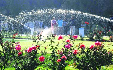 Jet streams shower water on the lawns of Rose Garden in Chandigarh.