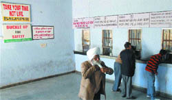 Signboards on safe driving, put up at the District Transport Office in Jalandhar, carry a surrogate advertisement of a liquor company.
