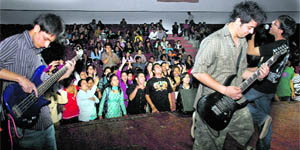 A band performs during a rock show at the law auditorium in Panjab University, Chandigarh, on Friday.