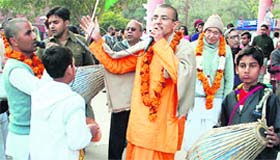 Devotees of the International Society of Krishna Consciousness (ISKCON) and others participate in nagar sankirtan at Plaza, Sector-17, in Chandigarh on Saturday.