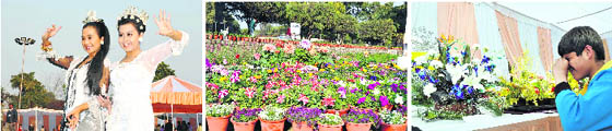 (Left to right) Dancers from Bali, Indonesia, perform; Potted flowers in full bloom; and A boy clicks photographs of flower arrangements during the Basant Utsav at the Raj Bhawan, Dehradun, on Saturday.