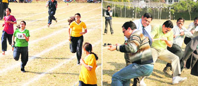 (Left) Girls participate in a relay race at the Annual Sports Meet of the Sardar Bhagwan Singh Institute of Biomedical Sciences and Research at Balawala near Dehradun on Saturday and (right) faculty members participate in a tug of war.